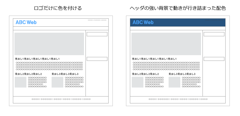 ロゴに色を付けた例とヘッダに色を付けて配色が行き詰まった例