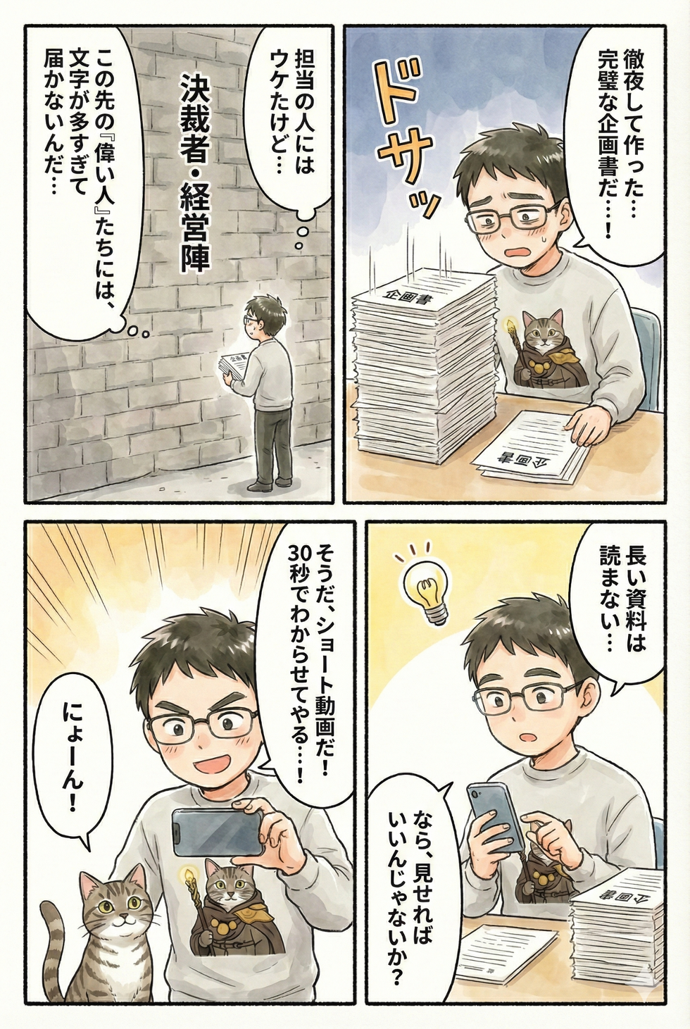徹夜で分厚い企画書を作り上げた眼鏡の男性。しかし、担当者止まりで決裁権を持つ経営層には文字の多い資料が読まれないという現実に直面し落ち込む。そこでハッと気づく。「読まないなら見せればいい」。彼は分厚い紙の資料を置き、スマホを構えて「ショート動画」で魅力を伝える作戦に変更。「30秒でわからせてやる」と意気揚々と撮影を始め、横で猫が「にょーん！」と鳴いている4コマ漫画。